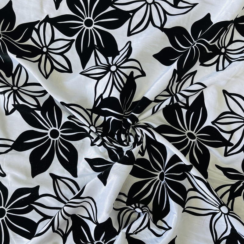 Black Floral Velvet Flock Taffeta Fabric, White