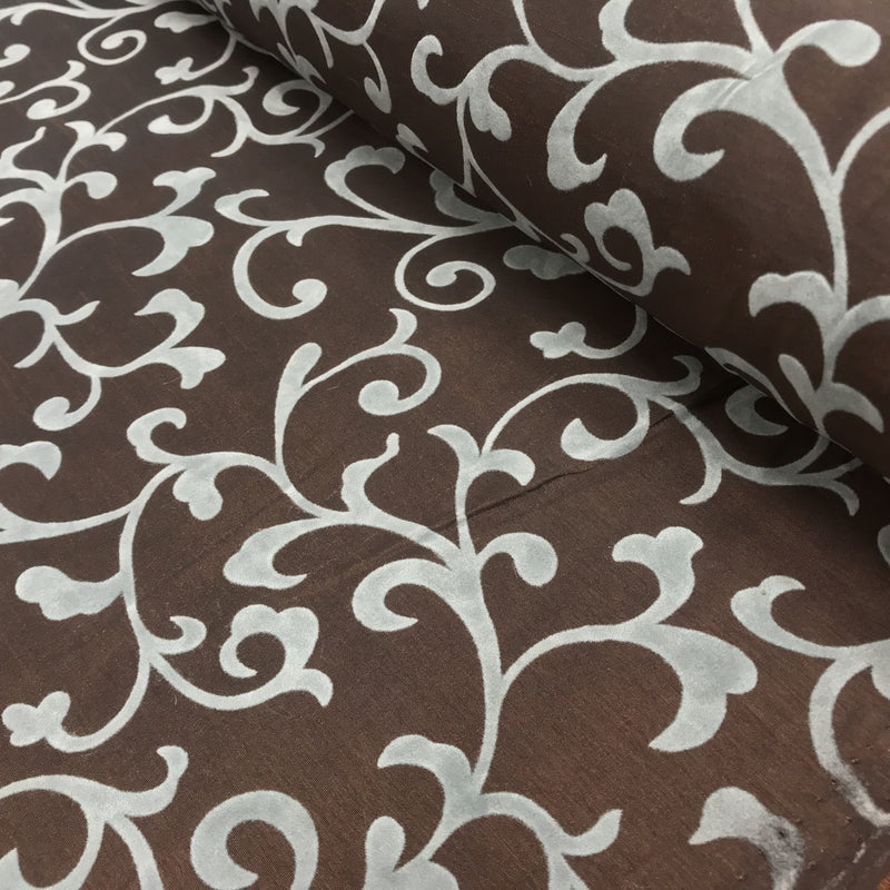 Duck Egg Floral Velvet Flock Taffeta Fabric, Brown