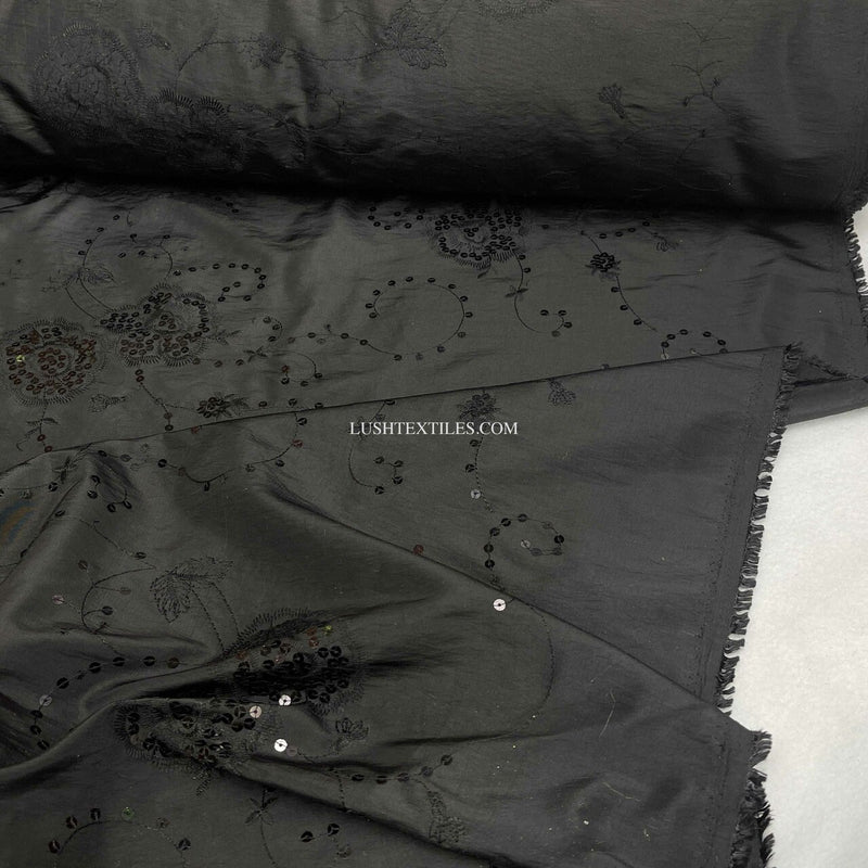 Embroidery Floral Sequin Taffeta Fabric, Black