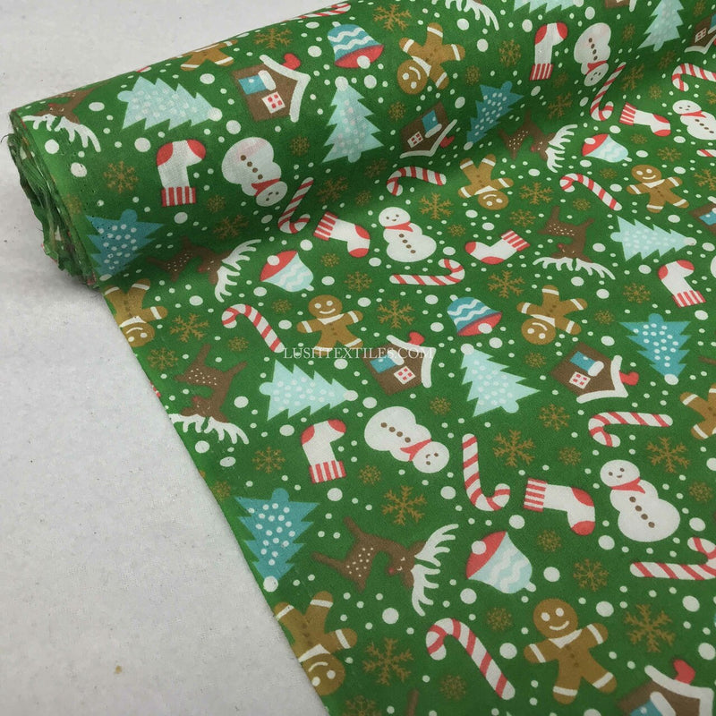 Christmas Party Polycotton Fabric, Green