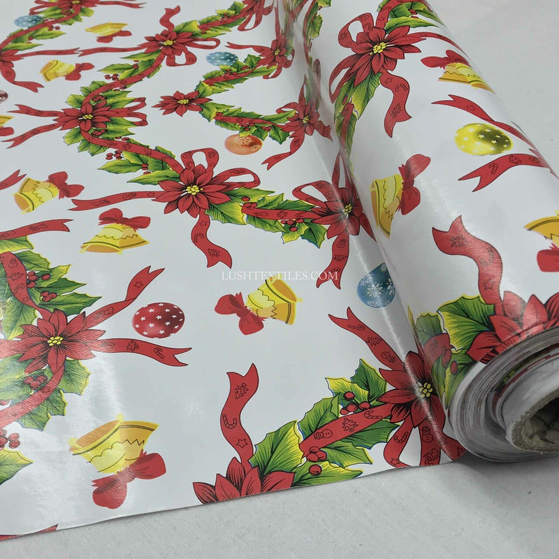 Christmas Wreaths & Bells Tablecloth PVC Fabric, White