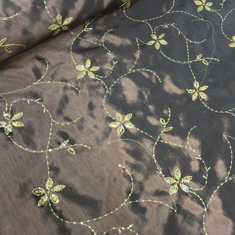 Gold Floral Sequin Taffeta Fabric, Brown