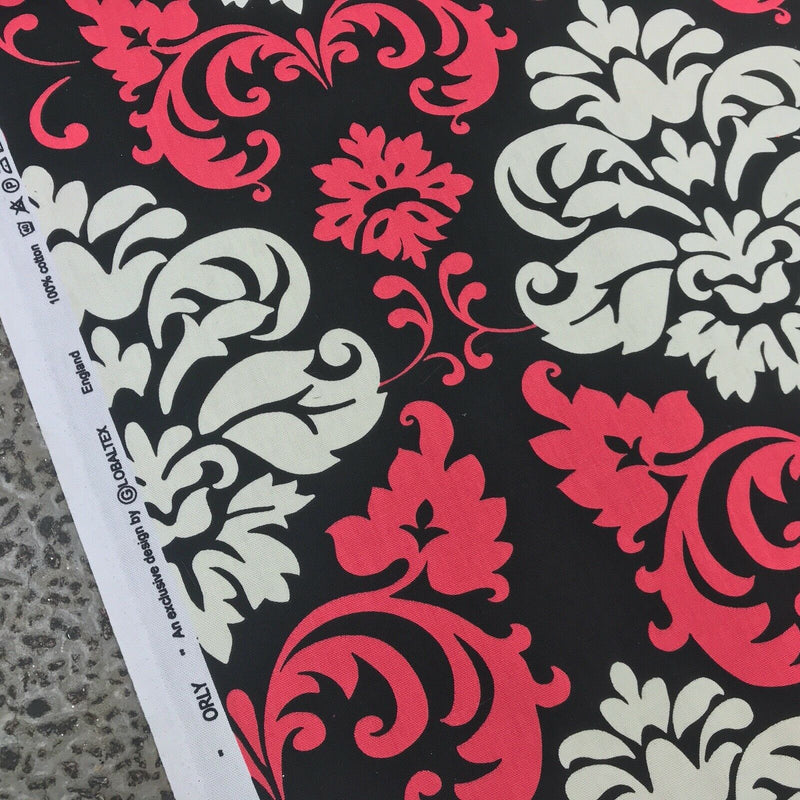 GlobalTex ORLY Cerise & Cream Damask On Black Cotton Fabric Curtain Upholstery