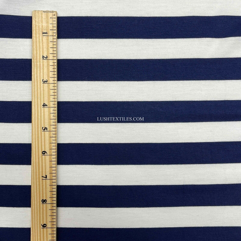 1" Navy & White Sailors Stripe Cotton Jersey Stretch Dress Fabric French Navy