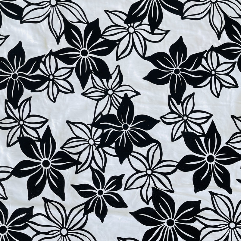 Black Floral Velvet Flock Taffeta Fabric, White