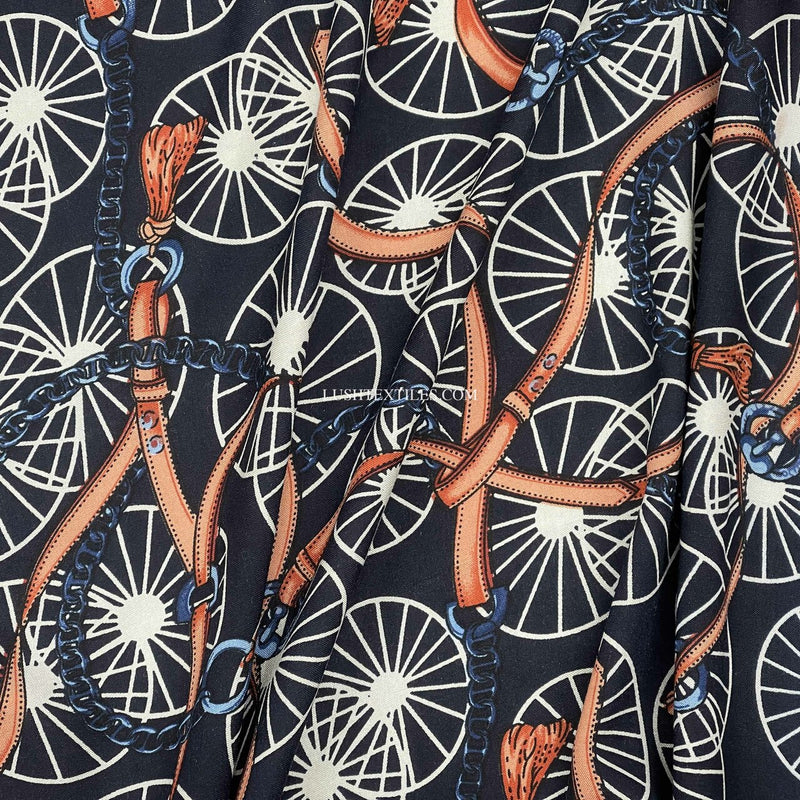 Designer Chain & Belt Print 100% Viscose Dress Fabric, Navy