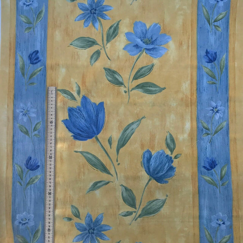 Tissu de courtepointe pour tapisserie d'ameublement en coton vintage jaune à rayures bleues et fleurs de tulipes