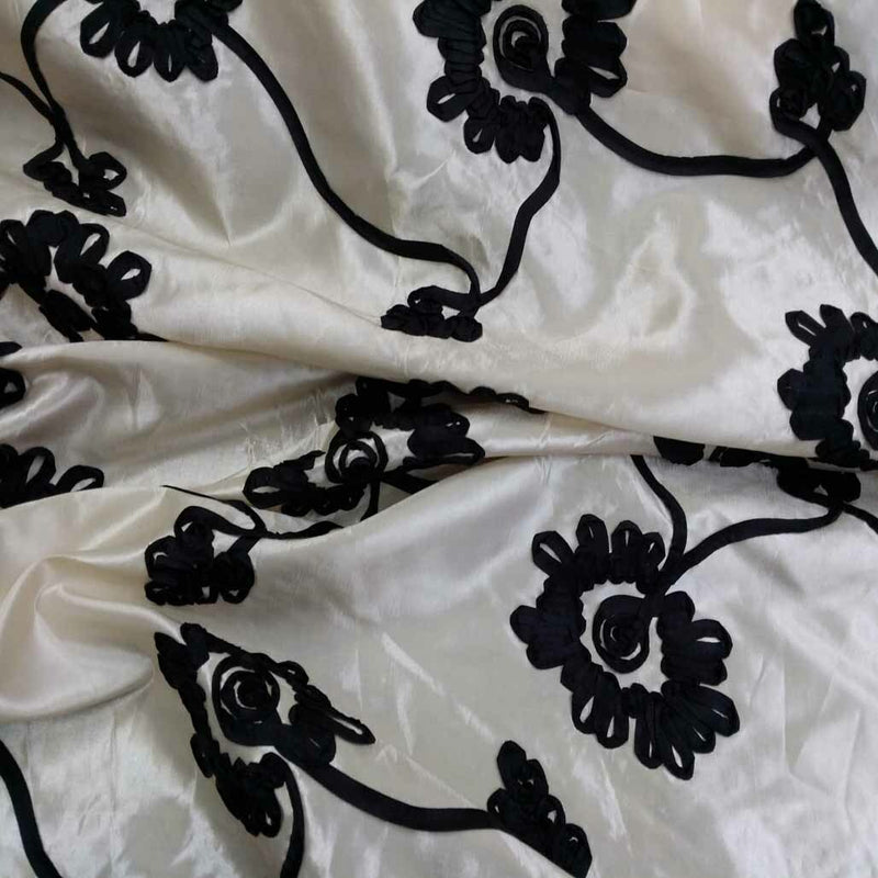 Black Sunflower Ribbon Taffeta Fabric, Cream