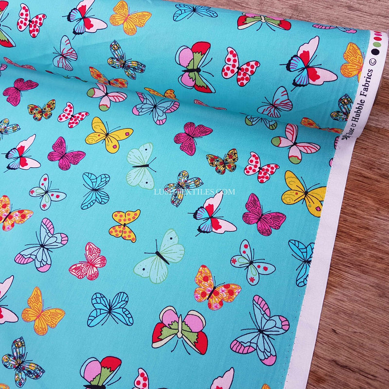 Colourful Butterflies Rose & Hubble Cotton Poplin Fabric, Mint