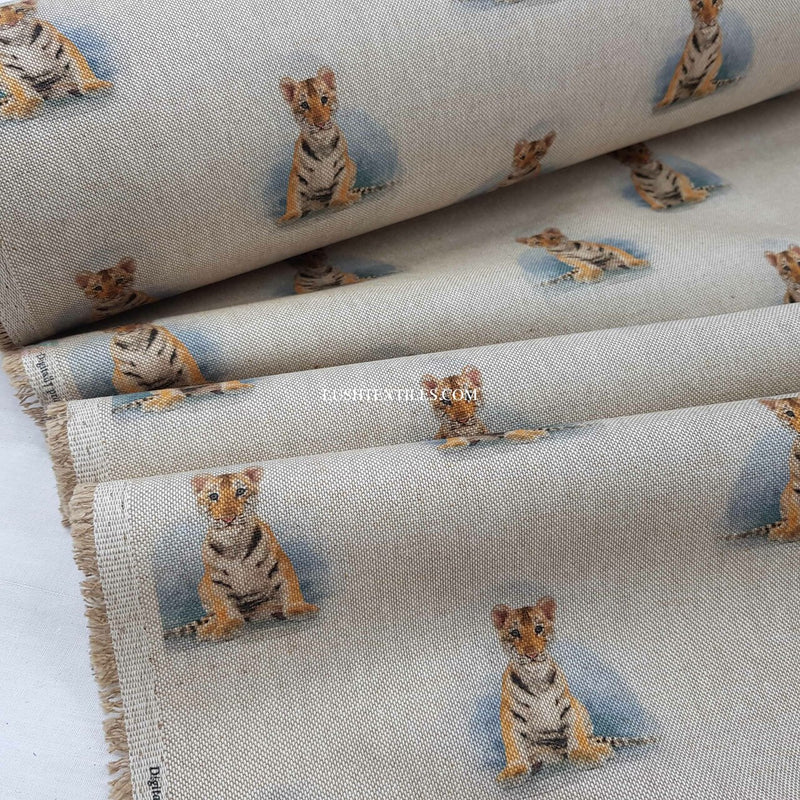 Digital Cotton Animal Linen Fabric, Tiger Cubs