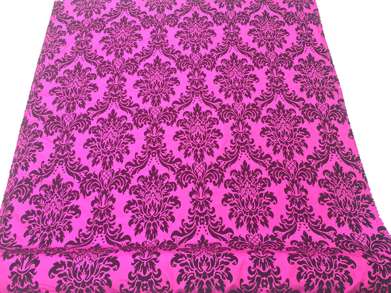 Black Damask Velvet Flock Taffeta Fabric, Cerise