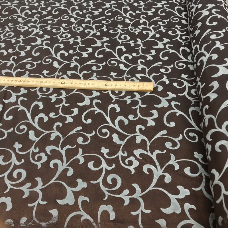 Duck Egg Floral Velvet Flock Taffeta Fabric, Brown