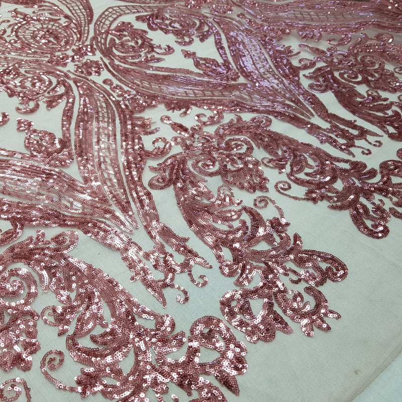 Broderie Paillettes Fantaisie Dentelle Net Robe Tissu, Vieux Rose