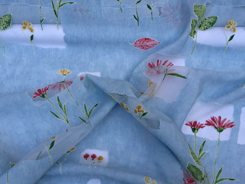 Fleurs Voile Tissu Floral Toile de Fond Fenêtre Drapant Filet Rideaux Bleu 150cm