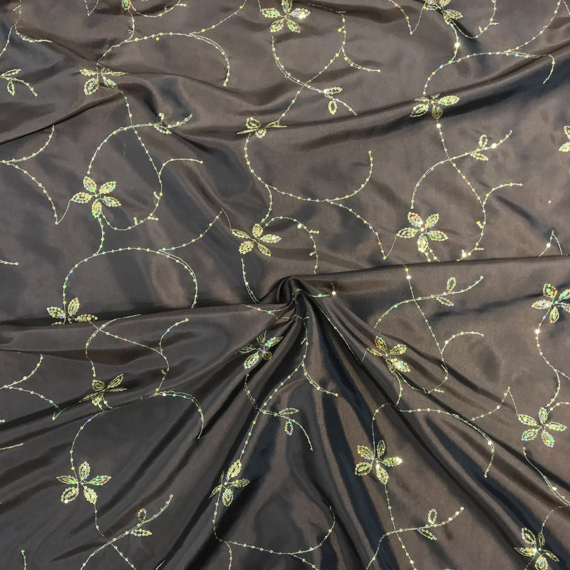 Gold Floral Sequin Taffeta Fabric, Brown