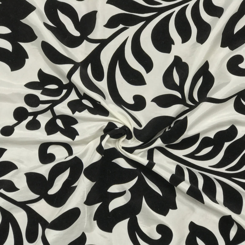 Black Symphony Floral Velvet Flock Taffeta Fabric, Ivory