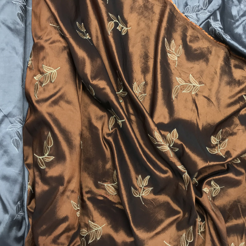 Gold 5 Leaf Embroidery Taffeta Fabric, Brown