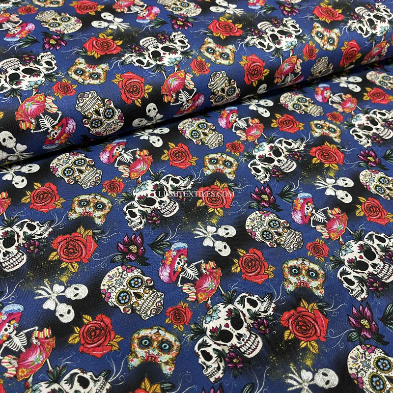 Tissu artisanal en coton numérique Day Of The Dead, bleu