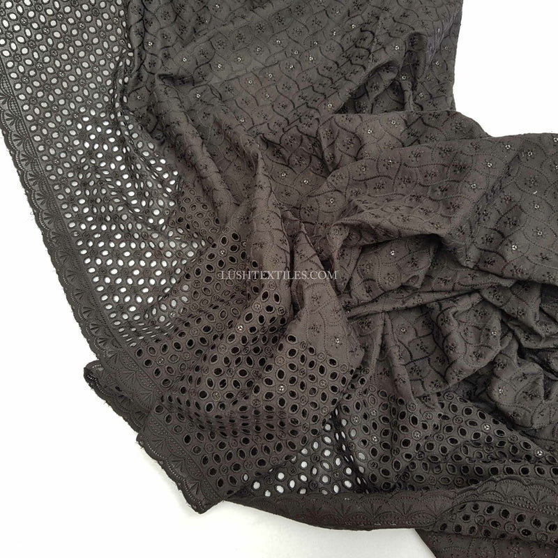 Black Sequin Cotton French Broderie Anglaise Lace Fabric