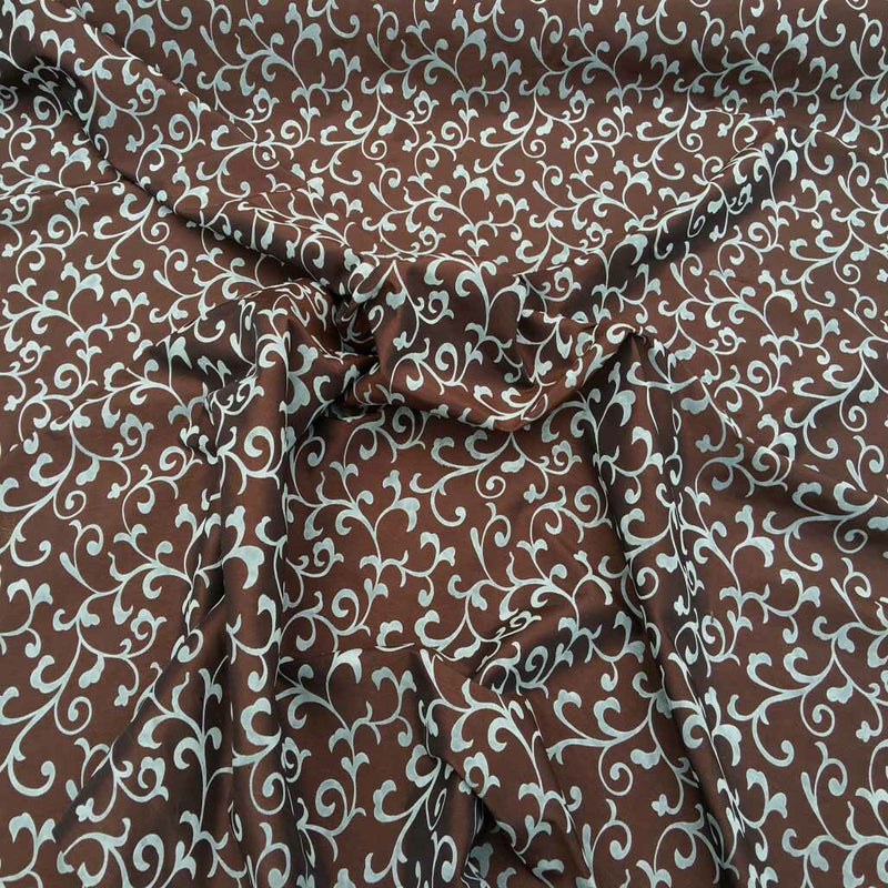 Duck Egg Floral Velvet Flock Taffeta Fabric, Brown