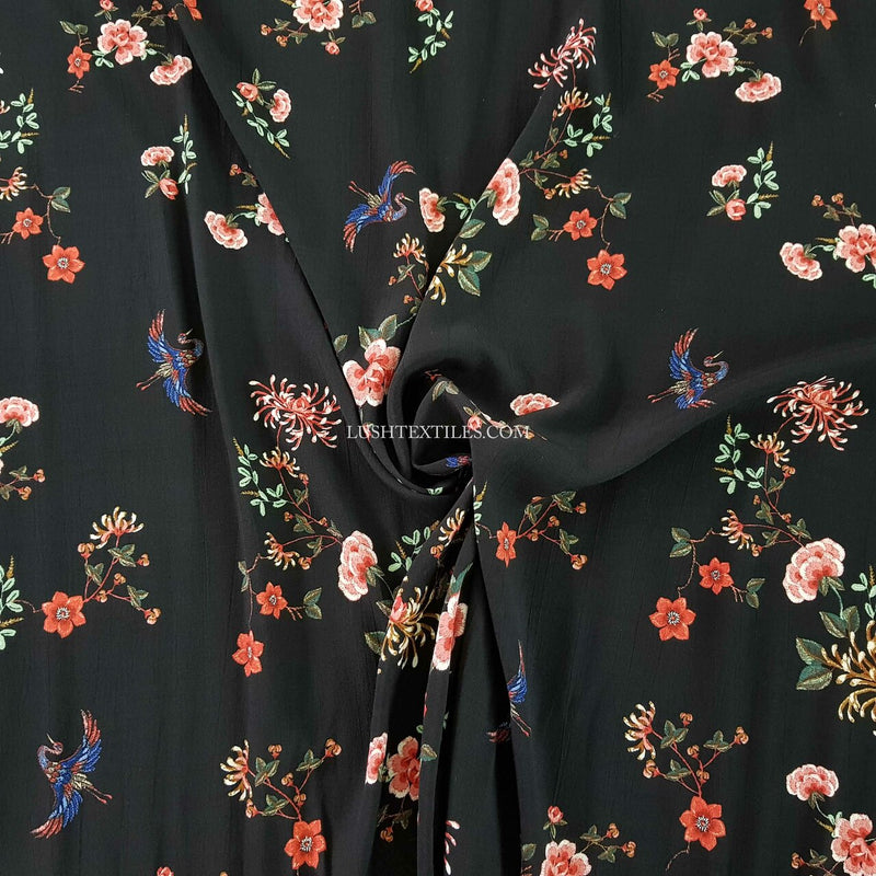 Tissu pour robe marocaine en viscose florale Bird Blossom, noir