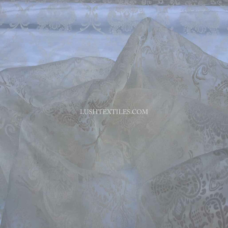 Damask 2 Velvet Flock Organza Net Voile Tissu, Crème