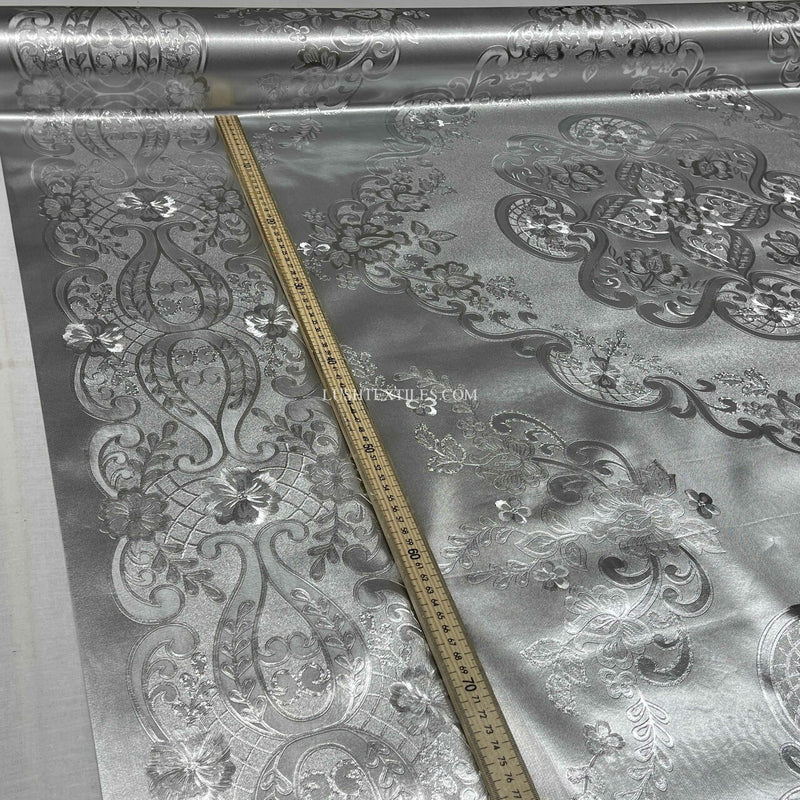 Damask PVC Oilcloth Fabric Embossed Metallic, Silver