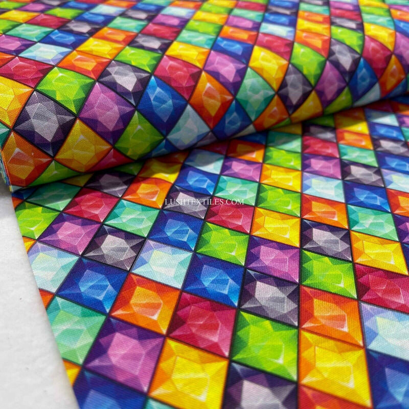 100% Cotton JEWELS / DIAMONDS Fabric Dress Quilting Patchwork Rainbow GEMS 54”