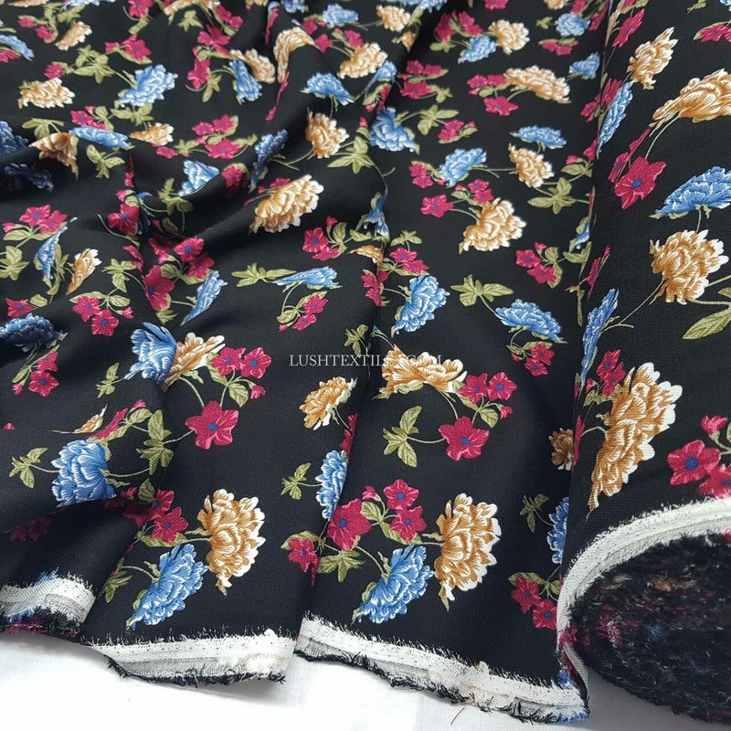 100% Viscose Amy Floral Flowers Dress Fabric, Black