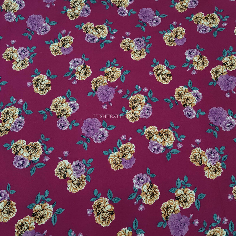 100% Viscose Floral Roses Dress Fabric, Wine