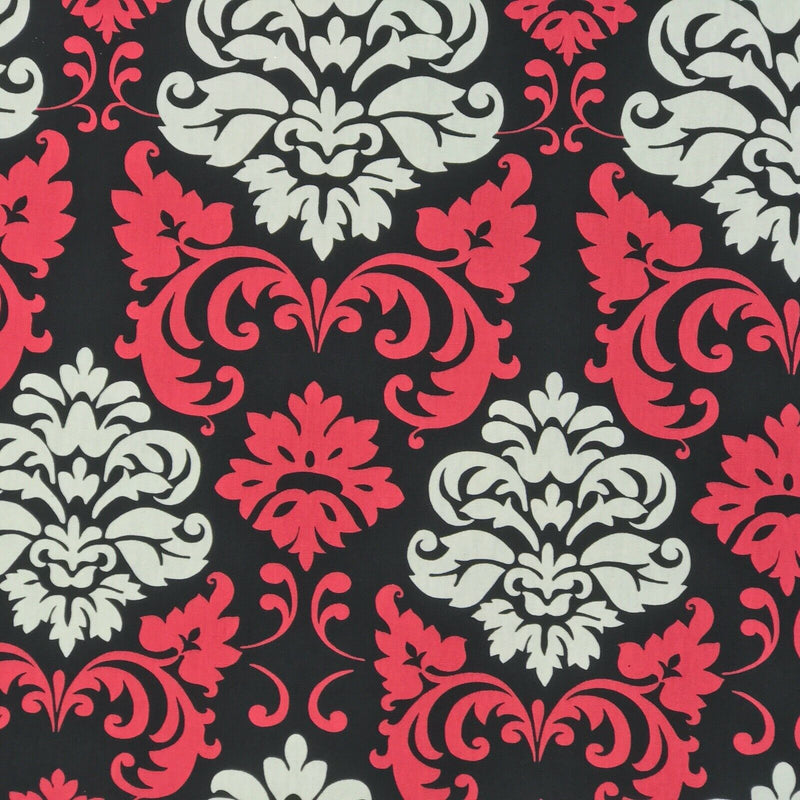 GlobalTex ORLY Cerise & Cream Damask On Black Cotton Fabric Curtain Upholstery