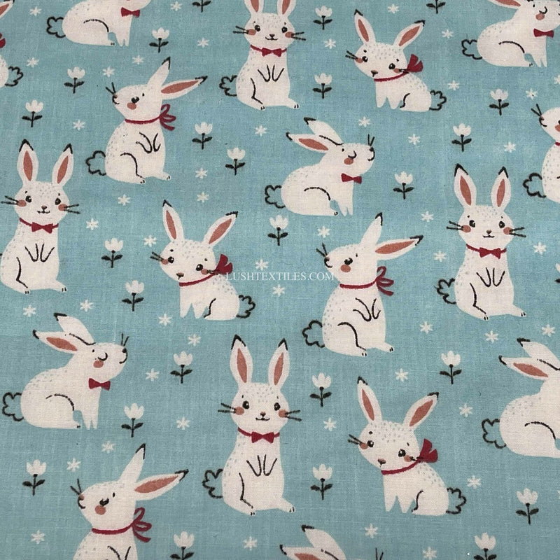 Bunny Rabbits Floral Poly Cotton Craft Fabric, Ciel