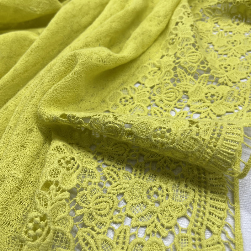 Daisy Floral Embroidery French Venice Lace Fabric, Lime Green