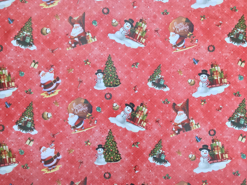 Christmas Print  Santa Xmas Table Cloth Oilcloth PVC  Fabric, Red