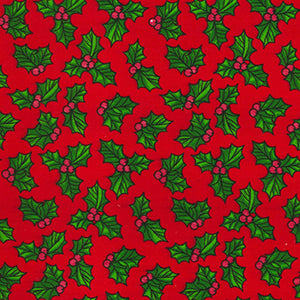 Holly Leaves Print Xmas Polycotton Fabric, Red