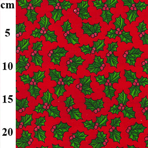 Holly Leaves Print Xmas Polycotton Fabric, Red