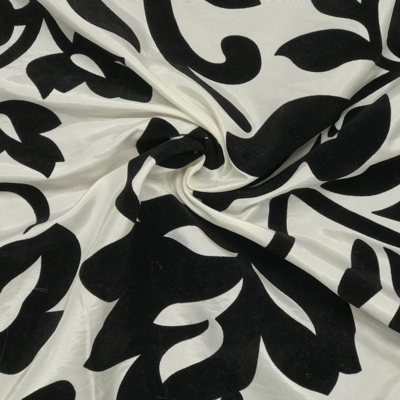 Black Symphony Floral Velvet Flock Taffeta Fabric, Ivory