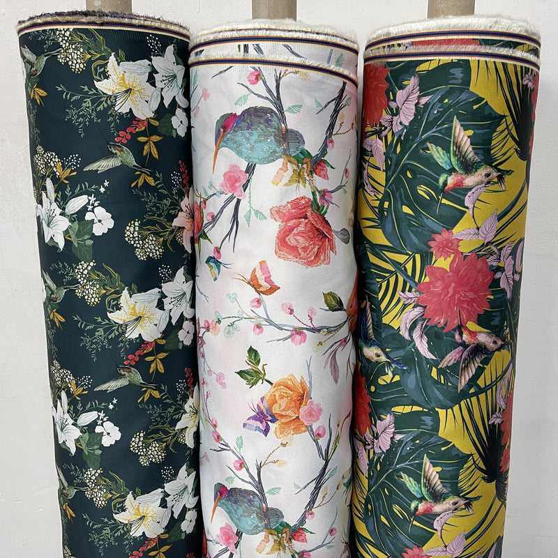 Floral Bird Print Satin Brocade Furnishing Fabric, Bottle