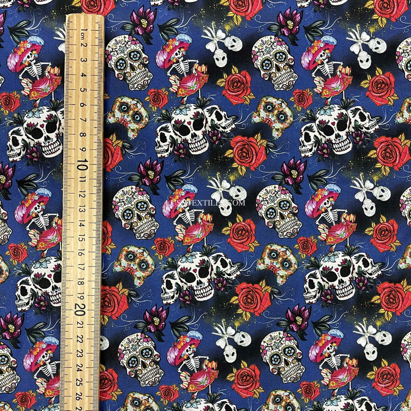 Tissu artisanal en coton numérique Day Of The Dead, bleu