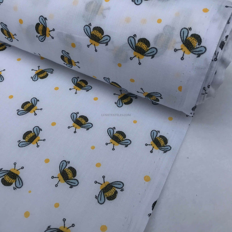 Tissu polycoton DITZY Bumble Bees, blanc