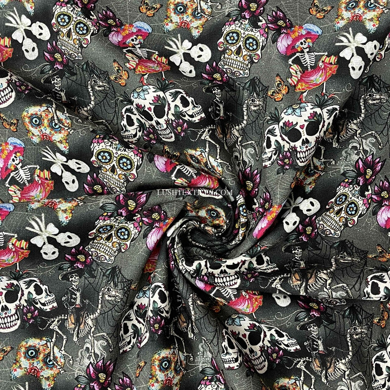 Tissu artisanal en coton numérique Day Of The Dead, anthracite