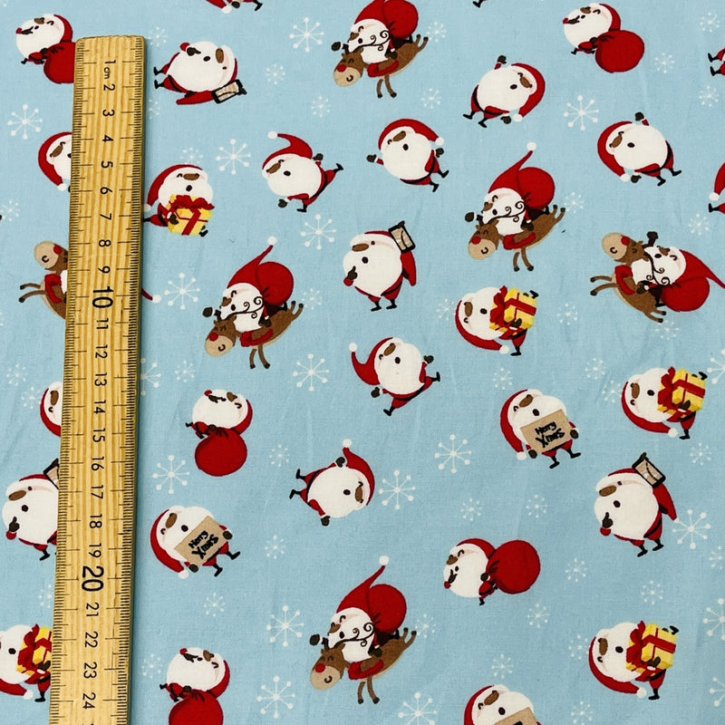 Christmas Santa & Rudolf Xmas Print Cotton Fabric, Blue