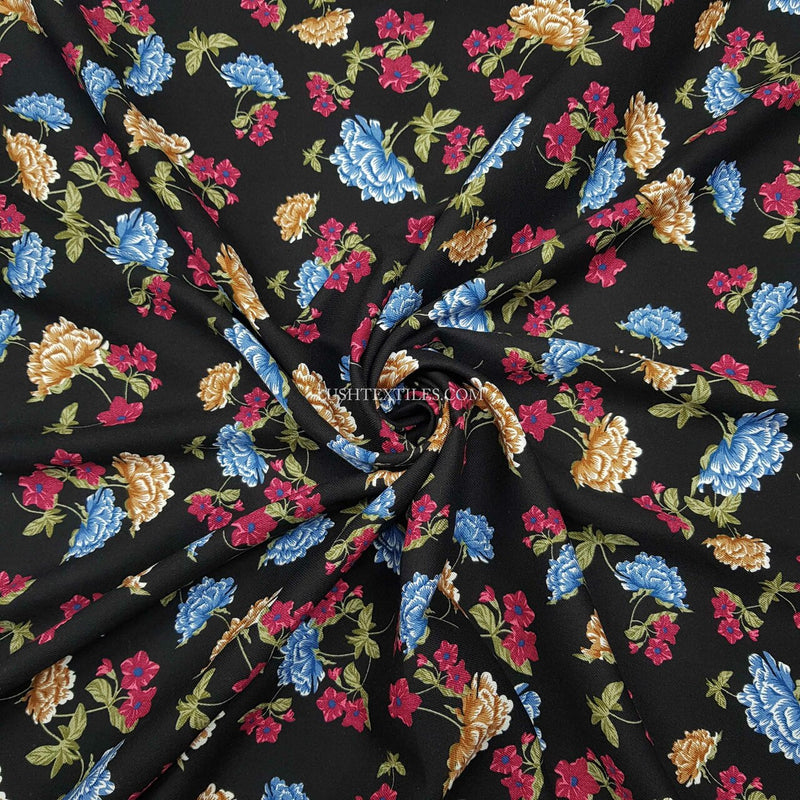 100% Viscose Amy Floral Flowers Dress Fabric, Black