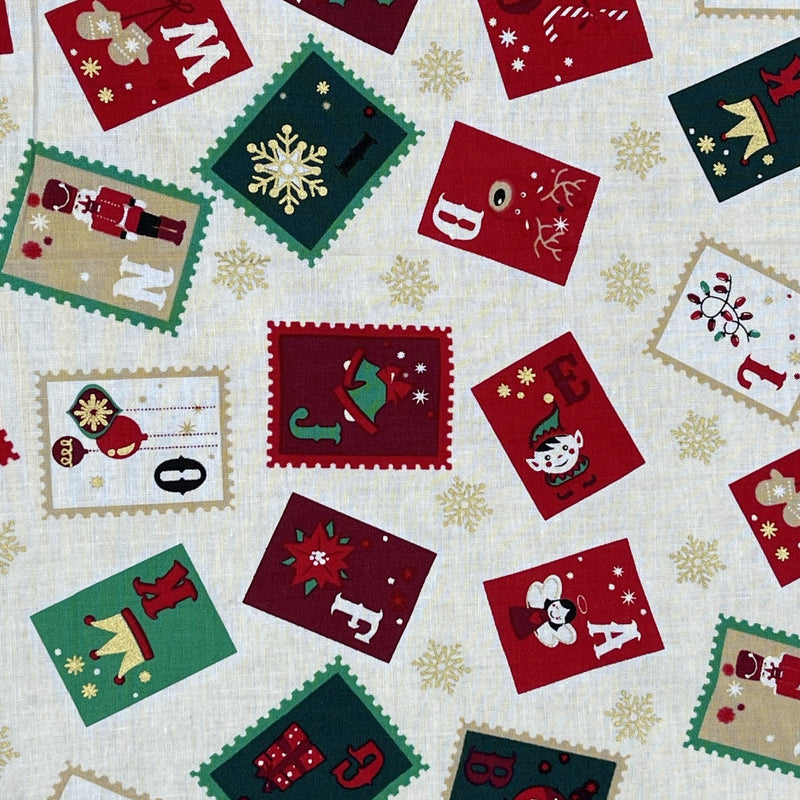 Christmas Stamps Cotton Fabric, Cream