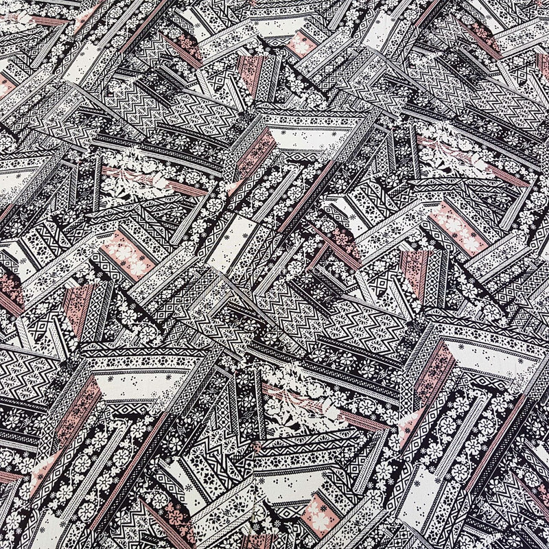 Abstract Designer Viscose Fabric, Ecru