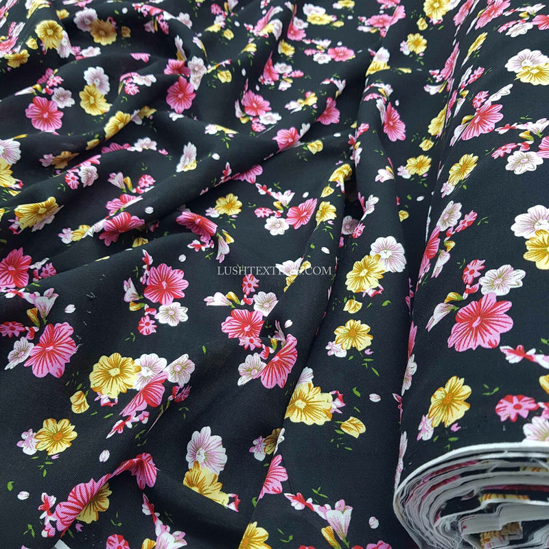 Tissu pour robe 100 % viscose fleurs de jasmin, noir