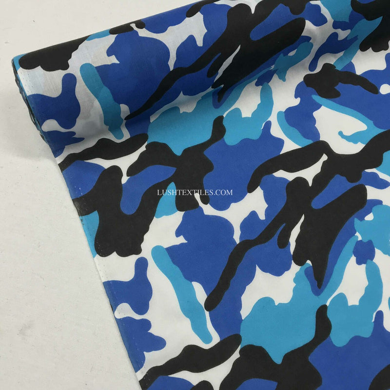 Tissu pour robe en polycoton Camouflage Army, bleu