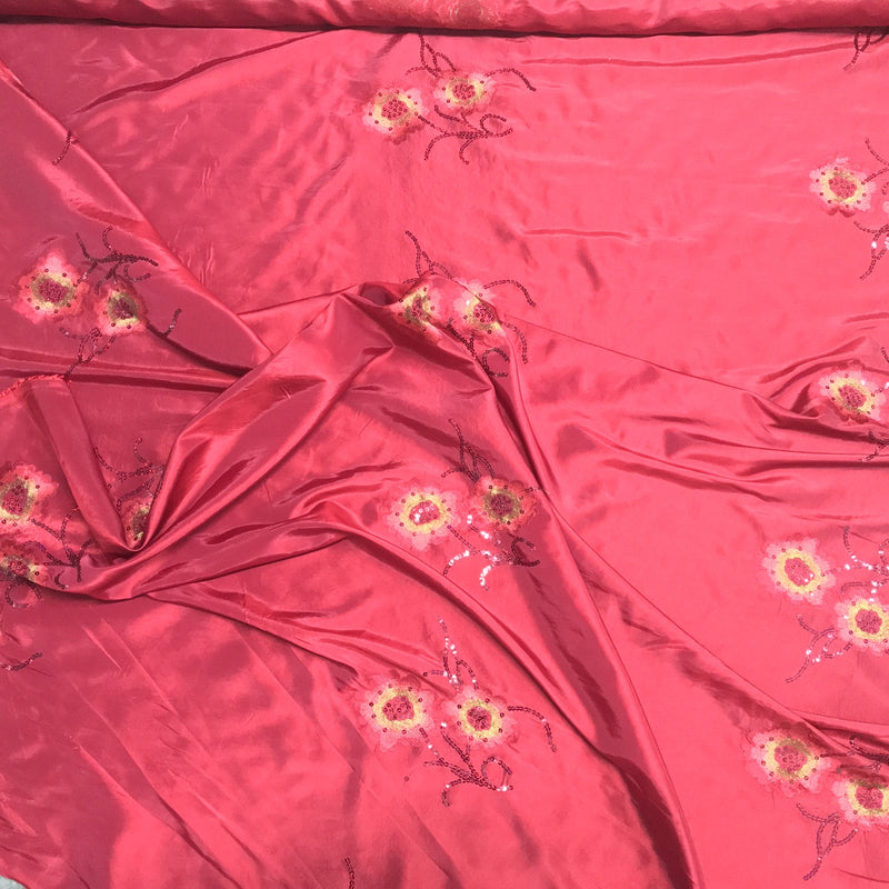 Floral Flower Sequin Taffeta Fabric, Red