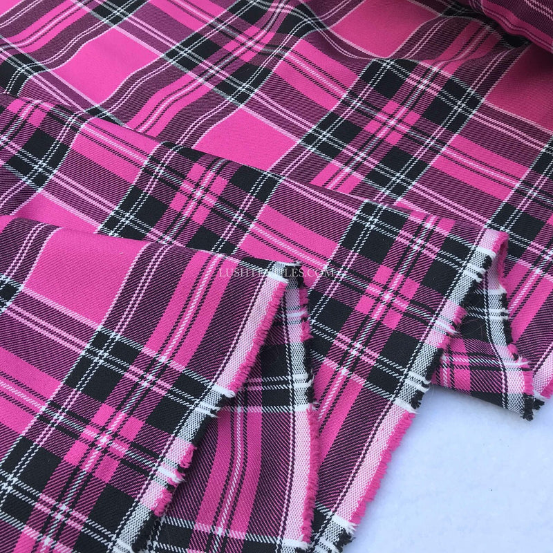 Tissu Poly Viscose Carreaux Tartan Montre Rose Cerise