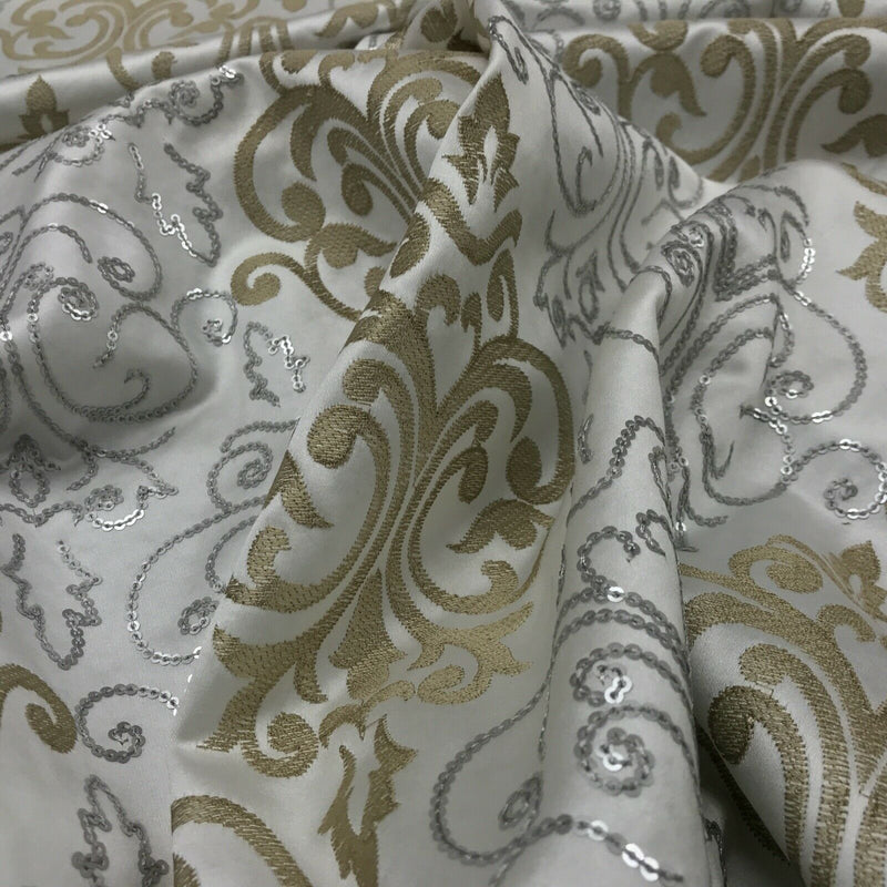 DAMASK Pearl Sequin Satin Wedding Bridal Dress Cotton Curtain Upholstery Fabric